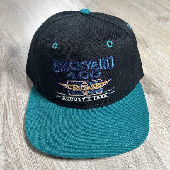 Vintage 1995 Brickyard 400 NASCAR Snapback Hat Delong Black Wool Cap USA - Picture 1 of 8